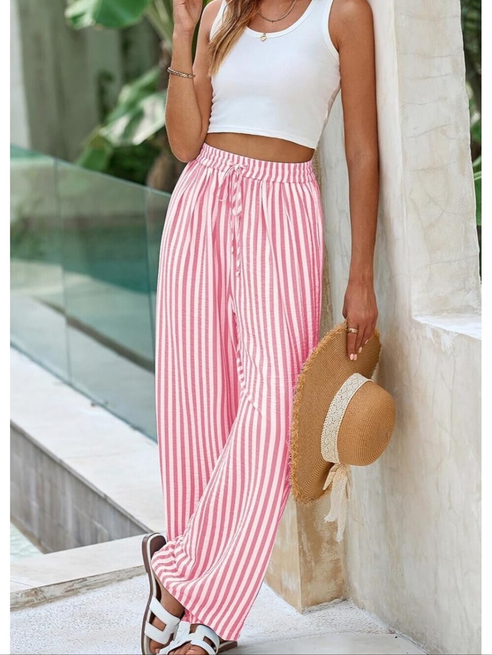 High-Waist Pink Stripe Wide-Leg Pants